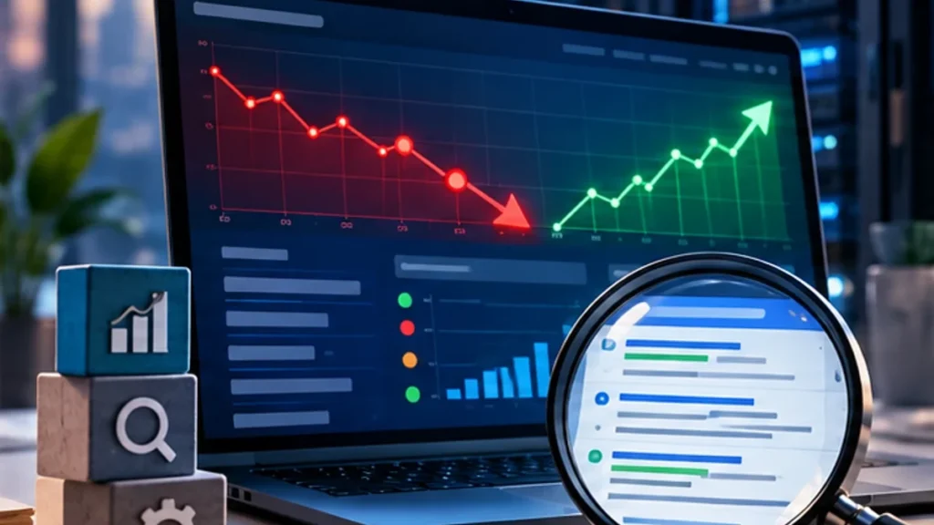 Site kesintisi ve SEO performansını gösteren dizüstü bilgisayar ve analiz ekranı illüstrasyonu